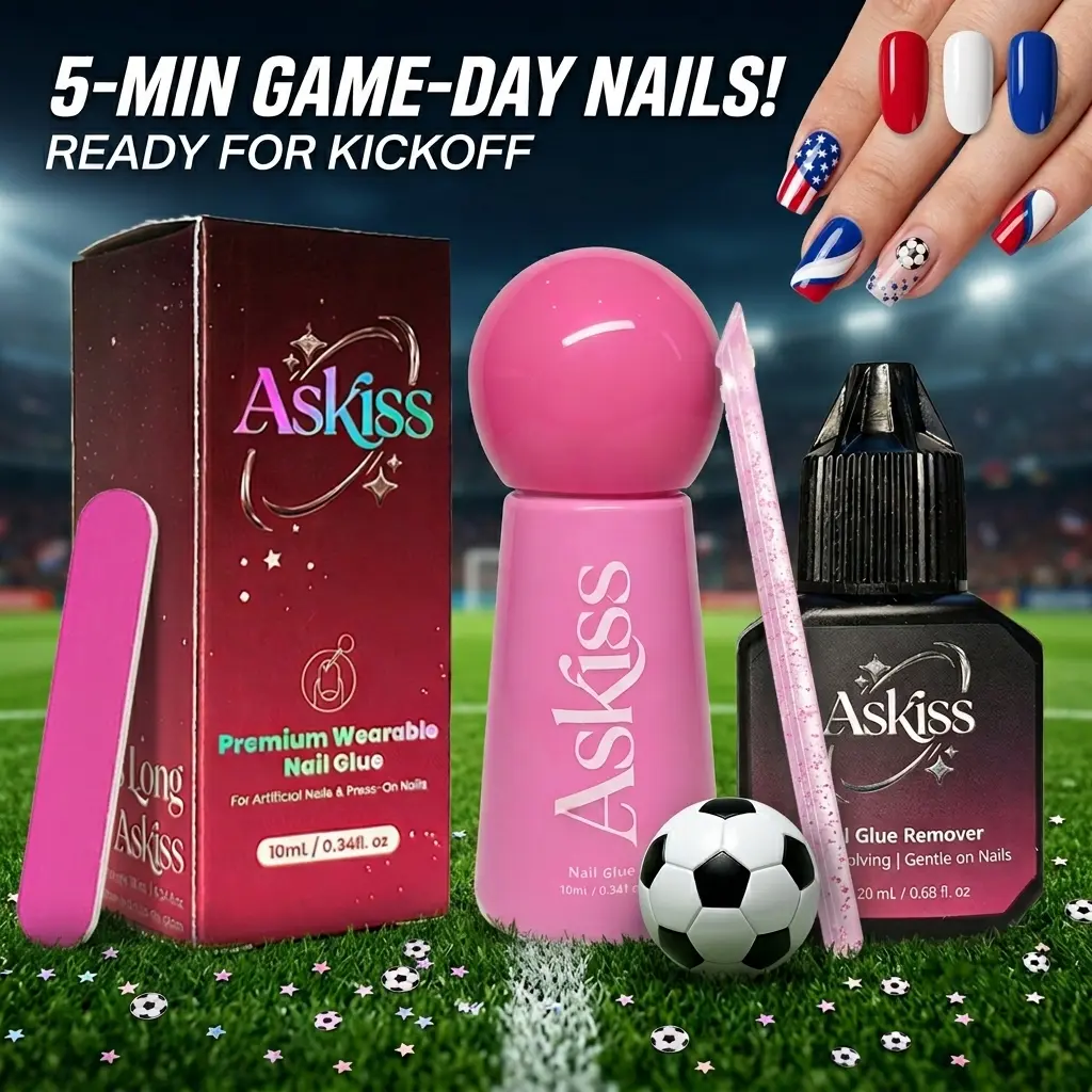 ASKISS Brush-on Nail Glue & Remover Manicure Set with Nail Polish - No UV LED, Ultra Strong Hold, Easy Removal, Waterproof Press-on Glue, Gentle Debonder Kit for Beginners (10ml+20ml) Salon-Quality DIY Supplies