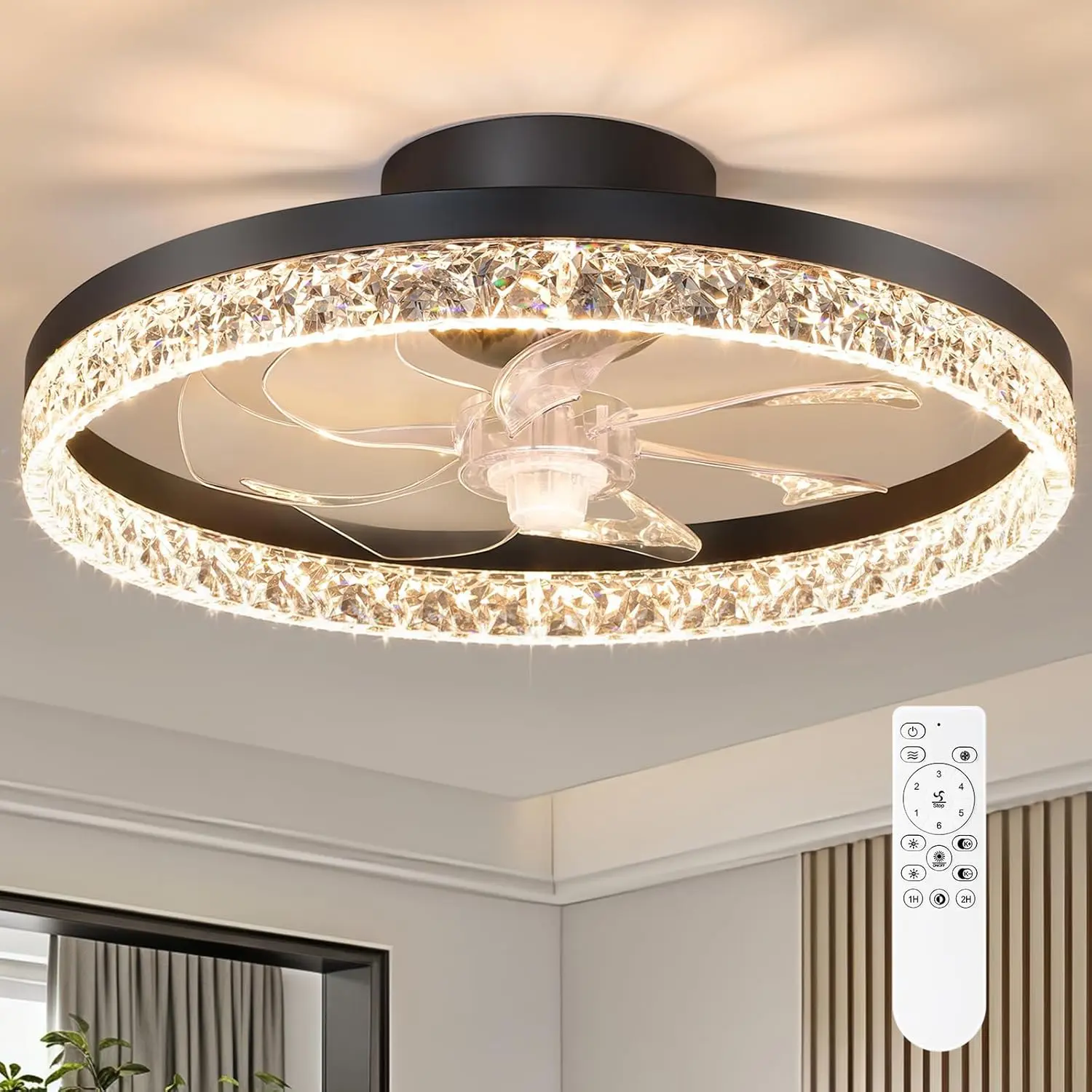 Ceiling Fan with Light and Remote, Low Profile Flush Mount  Fandelier, Modern 6 Speeds Quiet Reversible, 2800-6500K Dimmable LED, Timer Fan Light for Bedroom Living Room Kitchen
