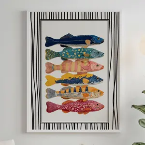 Colorful Fish Poster Striped Coastal Wall Art Retro Nautical Kitchen Decor Vibrant Seafood Illustration