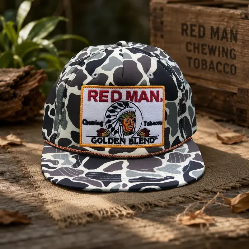 [SAVE upto 50%] Vintage RM Chewing Toobacoo Embroidered Patch Camo Hat, Golden Blend Rope Brim Snapback, Outdoor Hunting Fishing Country Gift for Him