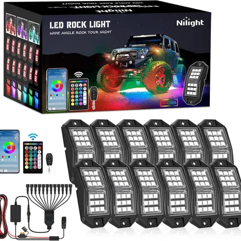 Nilight RGB LED Rock Lights Kit - 12 PCS 18-LED Wide Angle Wheel Well Underglow Neon Pods, Remote & Bluetooth App Dual Control, Multi Modes, Car Accessories, Auto Accessories Interior, Interior Car Lights for Offroad Vehicles