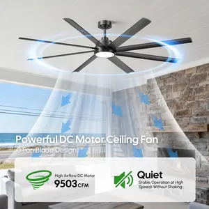 72Inch Large Industrial Ceiling Fan with Light for Factory,Outdoor Aleax/Tuya Smart 8 Blades Metal Ceiling Fans High CFM for Patio/Porch, Modern Black Big Ceiling Fan Indoor Lighting Quiet Reversible Fan for Indoor Living Room Outside Gazebo