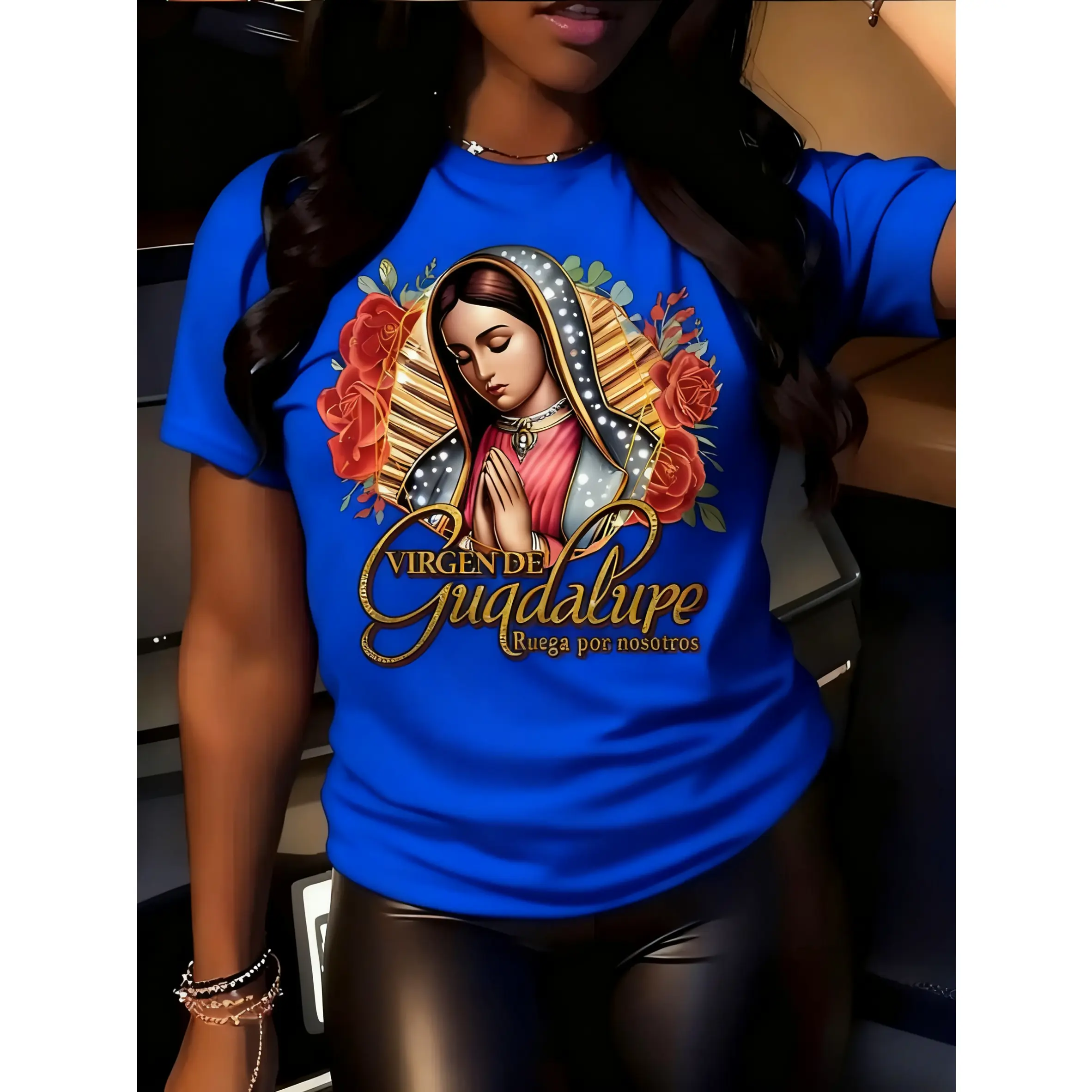 100% pure cotton, multiple colors available, women's artistic character vibrant floral print T-shirt, fashionable character pattern red short-sleeve T-shirt, artistic style character print top, trendy short-sleeve top machine washable, all-season comfort
