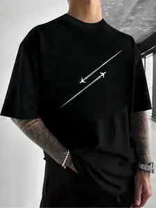 Men's Regular Fit Airplane Print Round Neck Tee, Casual Short Sleeve Crew Neck T-Shirt for Summer, Fashion Men's Top for Daily Wear, Tropical, Menswear, Streetwear