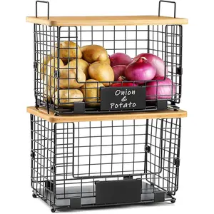 2-Pack XL Stackable Metal Baskets with Bamboo Top and Labels Storage Room Organizer and Storage Bins Kitchen Counter Cabinet Rack Under-Sink Organizer Food Snacks Agricultural Products Onion Potato Bread Storage