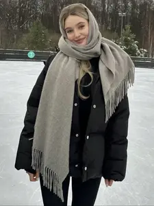 1pc Women Simple Solid Color Regular Style Faux Cashmere Scarf, Suitable For Transitional Season, Daily Wear, Windproof And Warm Winter Fall Winter scarf, Tassel Decor Scarf