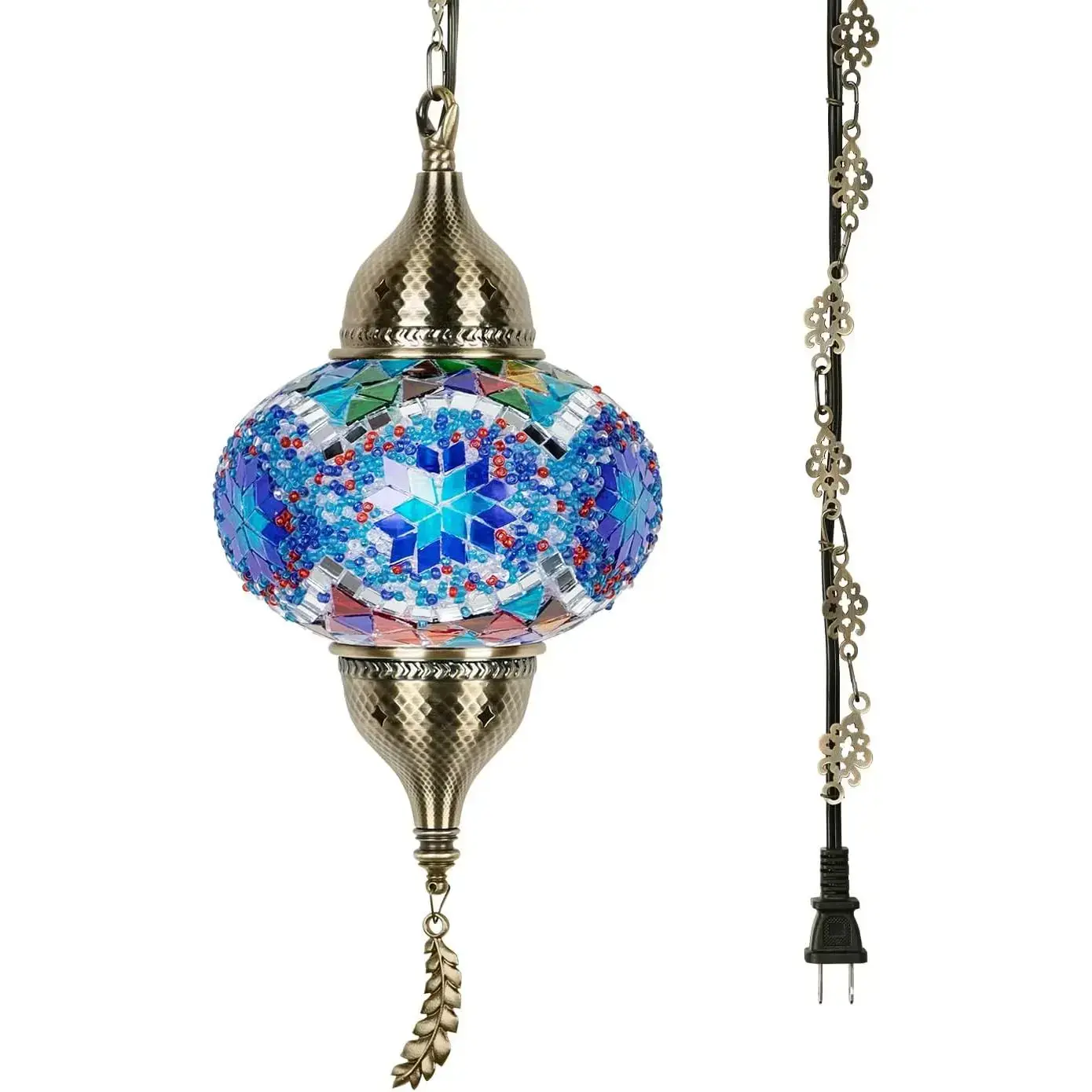 Turkish Moroccan Pendant Hanging Light with 15feet Cord Tiffany Style Mosaic Ceiling Lamp for Bedroom Blue Crystal North American Plug Decorative Home Lighting LED Aurora Projector Bedside Lamp Easter Gifts