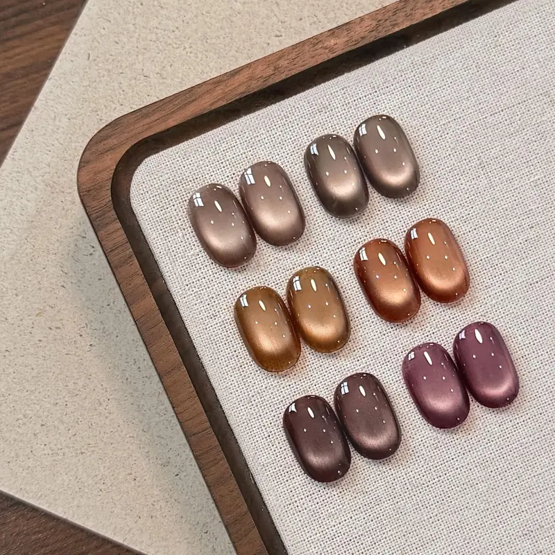 GAOY Brown Cat Eye Gel Nail Polish Set, 6 Colors, Spark Amber | Brown Burgundy Colors, Magnetic Glitter Glassy Holographic Gel Nail Polish Set, UV/LED Cure Required, DIY Manicure at Home