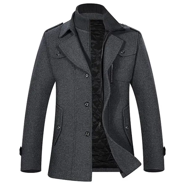 APTRO Men's 80% Wool Blend Pea Coat - Thick-Lined Winter Jacket with Button-Zip Closure, Fitted Cut, Solid Design for Business & Casual Wear