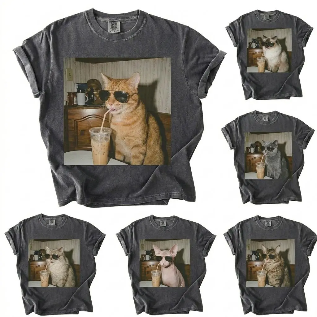 Comfort Colors Funny Cat Shirt, 50+ Cat Breeds Available, Drinking Iced Coffee Cat Tee, Vintage Cat Meme Shirt, Choose Your Cat Breed Shirt, Cat Mom Gift, Retro Cat Lover Tee