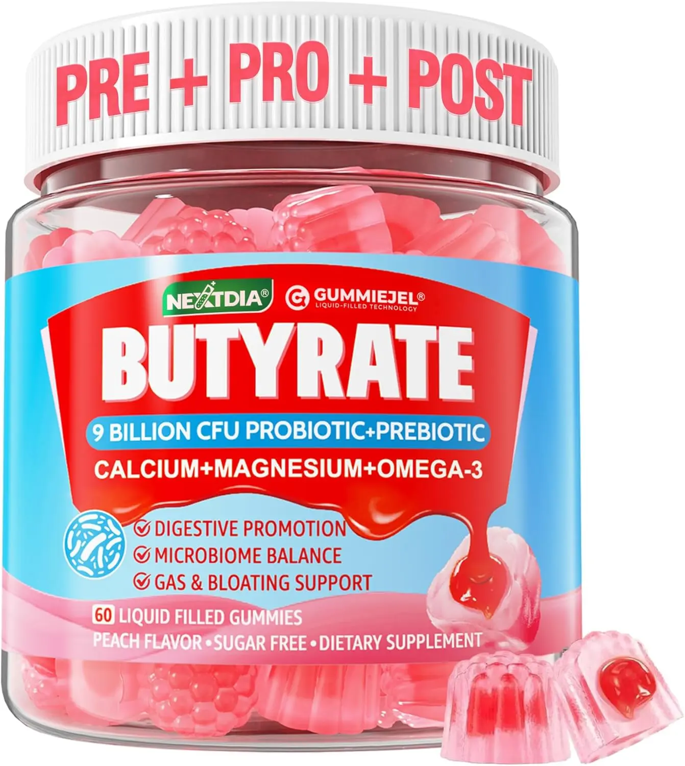 Butyrate Gummies with Omega-3 500mg and 9 Billion CFU Probiotics Prebiotic and Postbiotic Supplement with Fiber Calcium Magnesium Inulin and Psyllium Husk for Digestive Health Bloating Relief and Gut Support Sugar-Free Formula 60 Count
