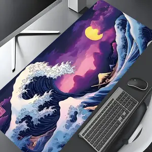 Japanese Sea Wave Pattern Mouse Pad, Rectangle Gaming Mouse Pad, Non-slip Rubber Base Desk Keyboard Mat for Home Office