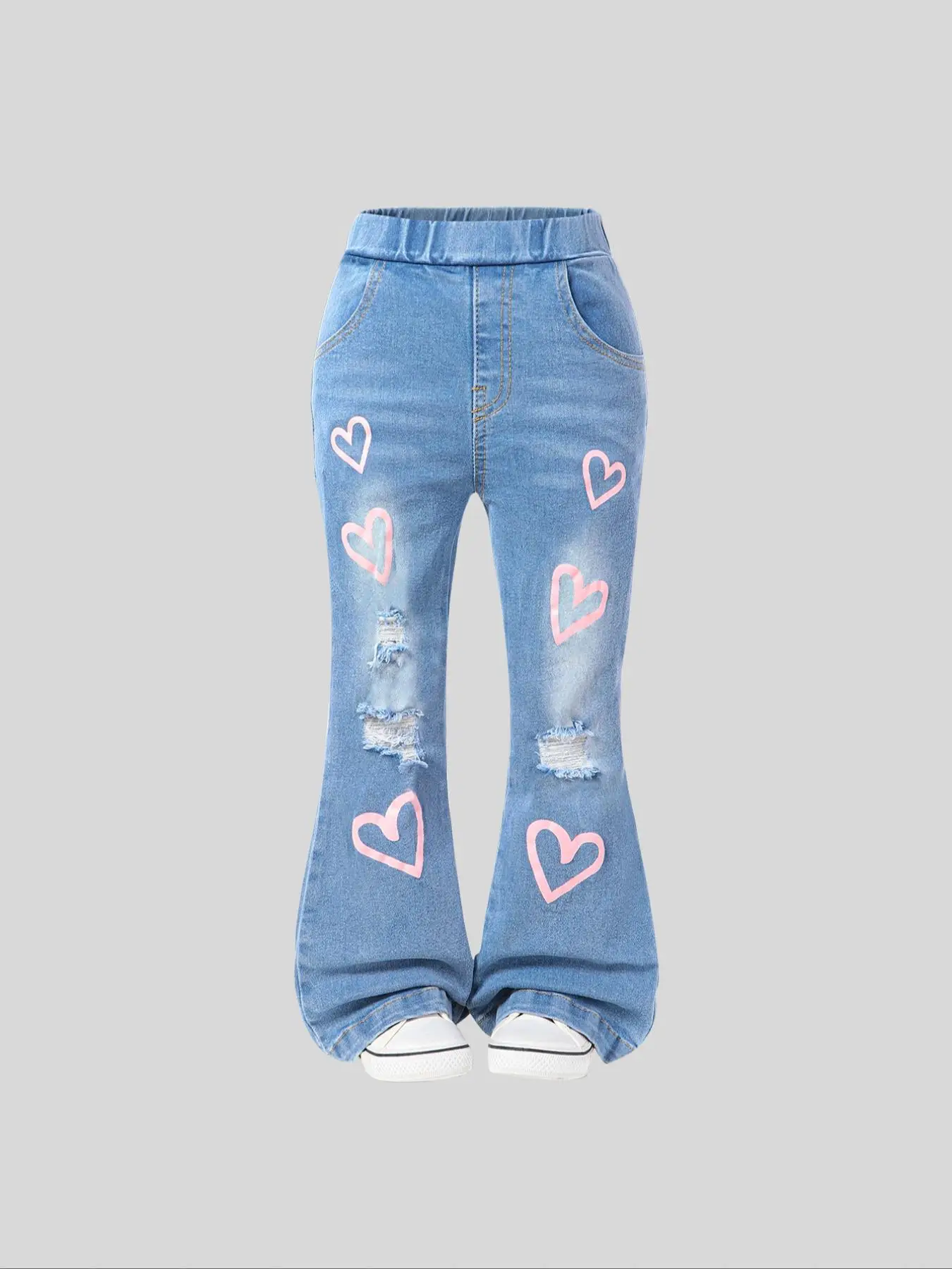 Girl's Heart Pattern Ripped Flare Leg Jeans, Cute Comfy Elastic Waist Pocket Denim Trousers for Daily Wear, Kids Bottoms for All Seasons