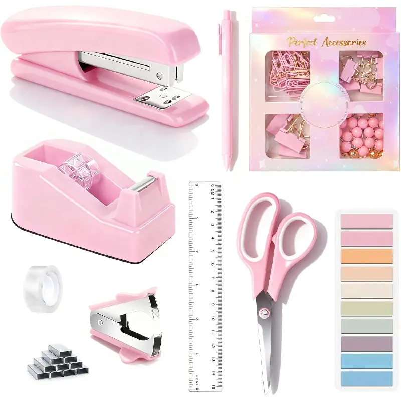 Cute Aesthetic Complete Pink Desk Accessories Stationery Kit All In One Office School Supplies Set Stapler Staple Remover 1000 Count Staples Tape Dispenser Tape Paper Clips Ruler Scissors Gel Pens Decor Desktop Organizer Accessory Gift For Girls Women