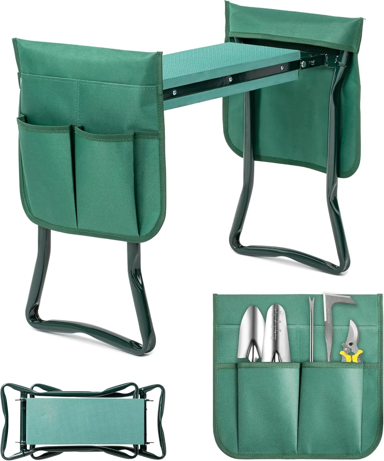 Foldable Garden Kneeler and Seat Bench - Durable Steel Frame, Soft EVA Foam Pad, Tool Pouches & Apron for Gardening, Camping