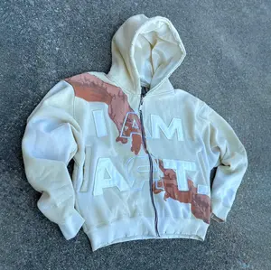 Distressed Cream Zip Hoodie, "I AM ART" Text & Hand Art Print, Art-Fashion Aesthetic, Unique Casual Streetwear