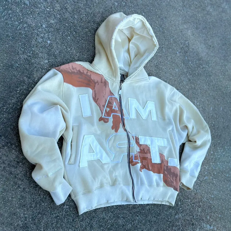 Distressed Cream Zip Hoodie, "I AM ART" Text & Hand Art Print, Art-Fashion Aesthetic, Unique Casual Streetwear