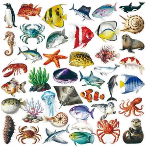 56 Realistic Marine Animal Stickers in Transparent PET Material, Suitable for Waterproof Decoration and DIY Creative Stickers for Suitcases, Phone Cases, Laptops, Helmets, Skateboards.