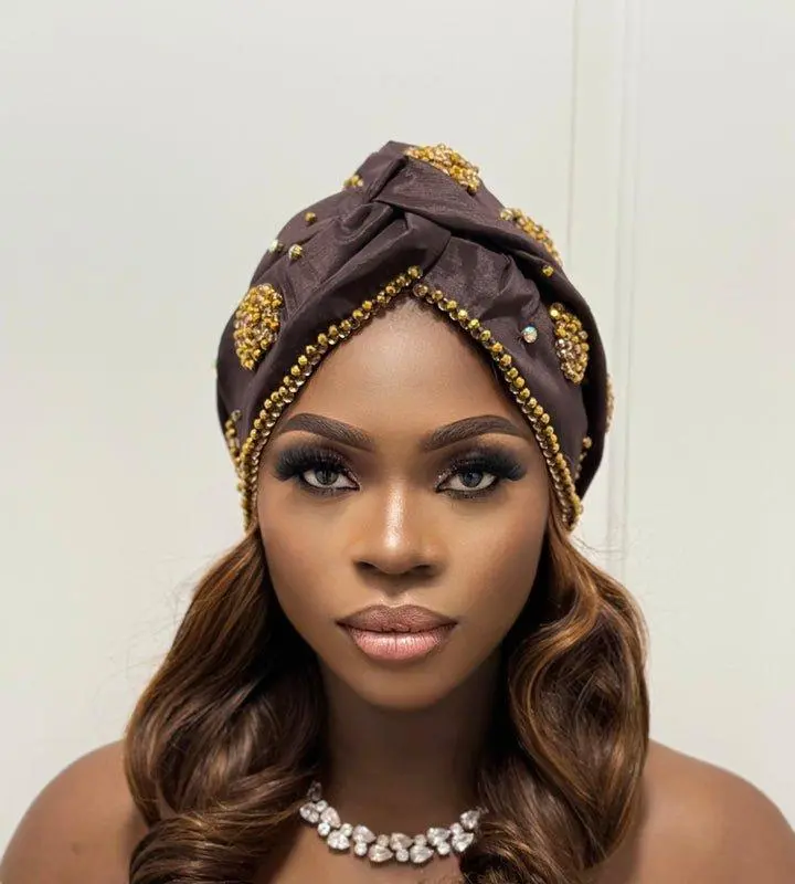 Oge Turban - Hand Beaded Floral Embellishments & Rhinestones - Pre Tied for Comfort - One Size Fits Most - Gold Deep Brown Classic Black Options - Elegant Everyday Glam - Crown Yourself in Elegance