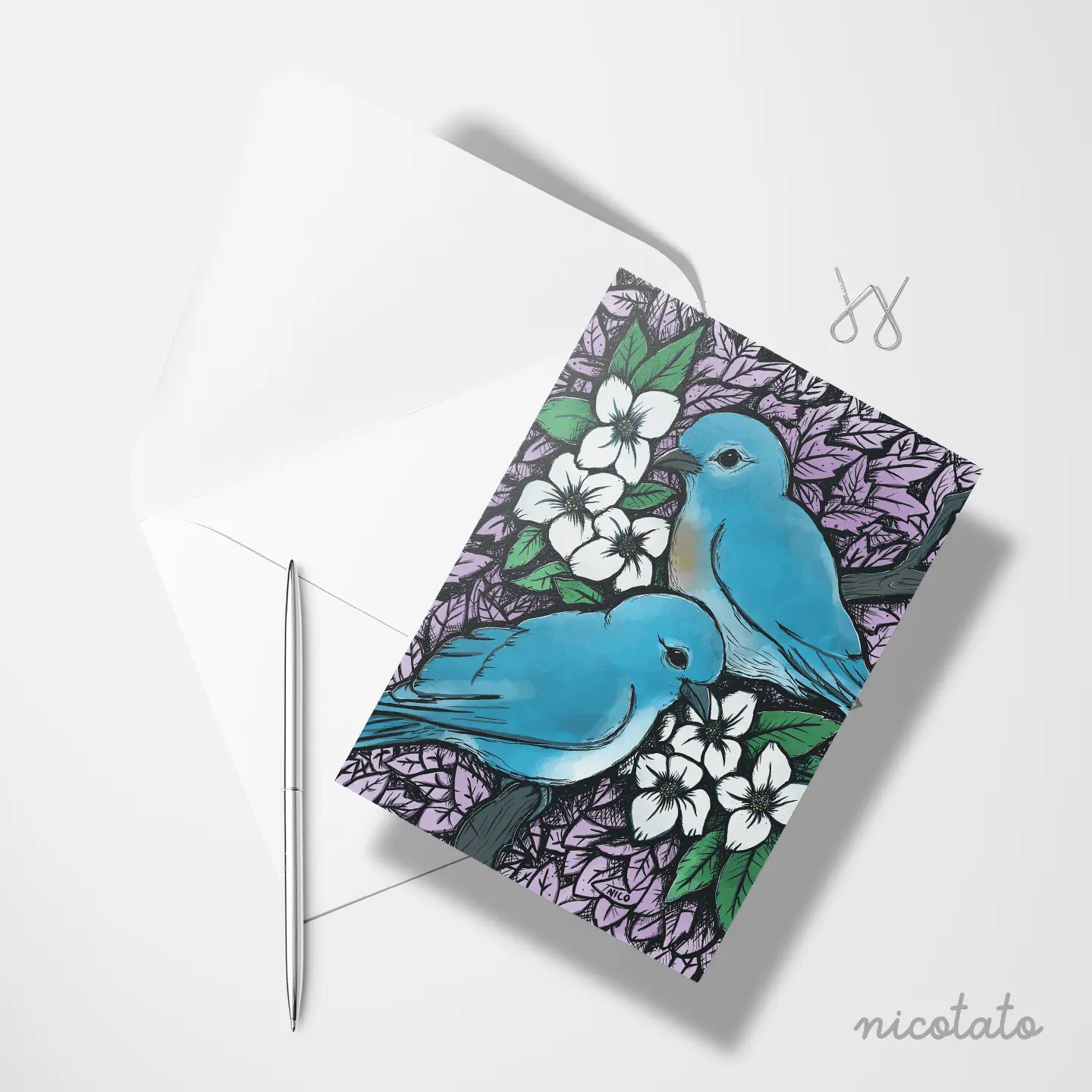 Mountain Bluebird and Syringa Flowers Blank Card