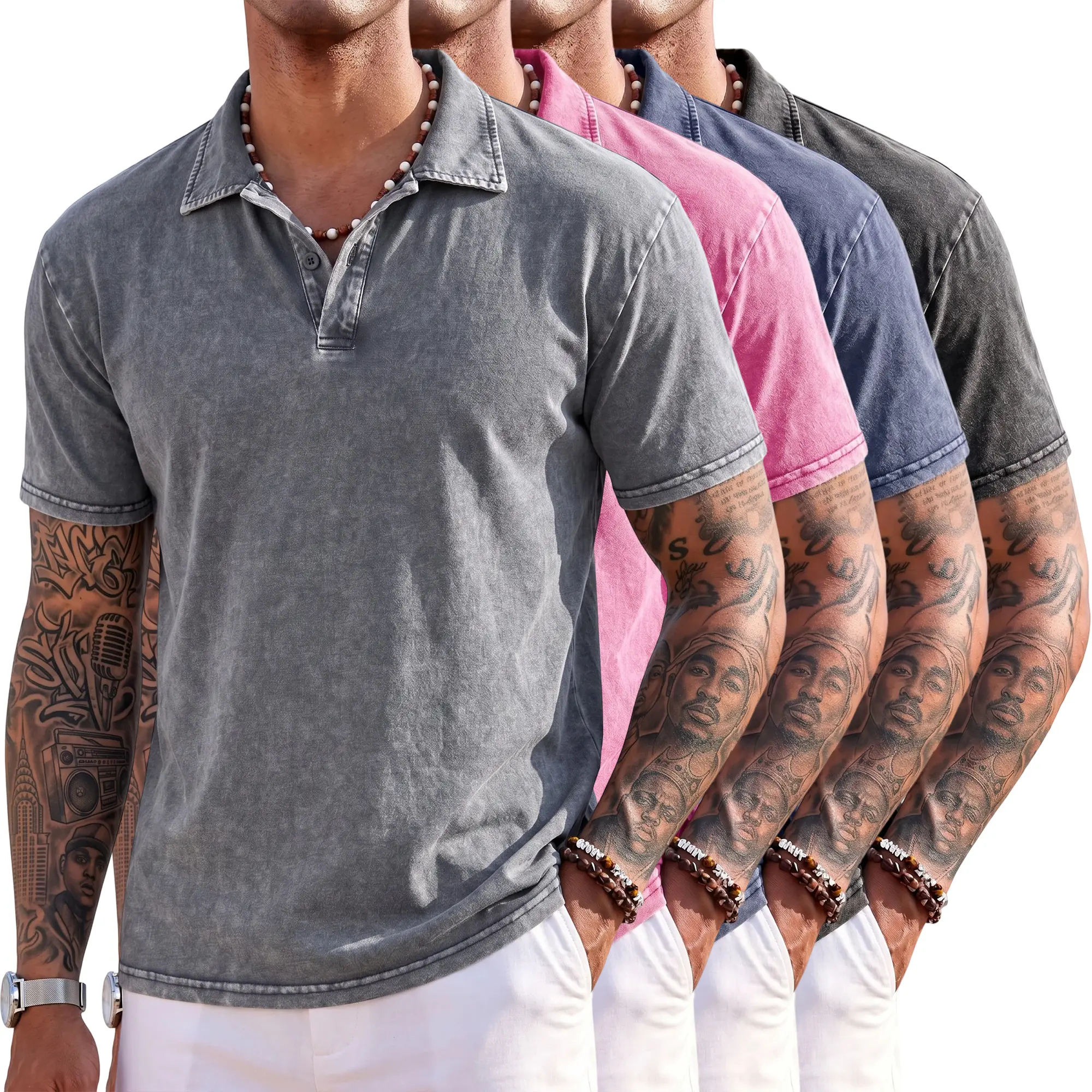 Men’s 4-pack soft vintage washed Polo shirts, 100% cotton, turn-down collar, half button placket, short sleeves—ideal for everyday street casual summer wear tops