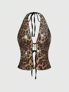 VYNCE Y2K Leopard Sequin Halter Top Rockstar Aesthetic Cross Pendant Deep V Neck Backless Festival Party Crop Top