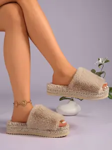 Women's Plush Soft Slippers Outdoor New Thick Sole Height Increase Fashion Versatile Sandals All Seasons Textile Rubber Sole
