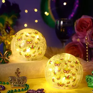 2 count Mardi Gras Crackle Glass Globe Decor 4" Carnival Ball Lamp Night Lights with LED Timer  Operated Lighted Decorative for Bedroom Living Room Kitchen Garden Table Centerpiece