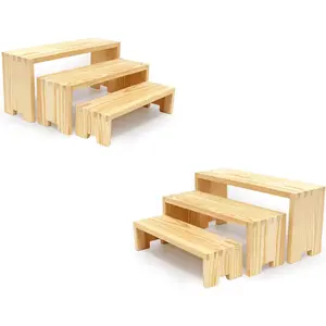 Display  Risers Wooden Stand 3 Tier  Racks Decorative Rectangular, 2 Set 6 count Cupcake Stands Cologne Perfume Organizer Dessert (Nature)