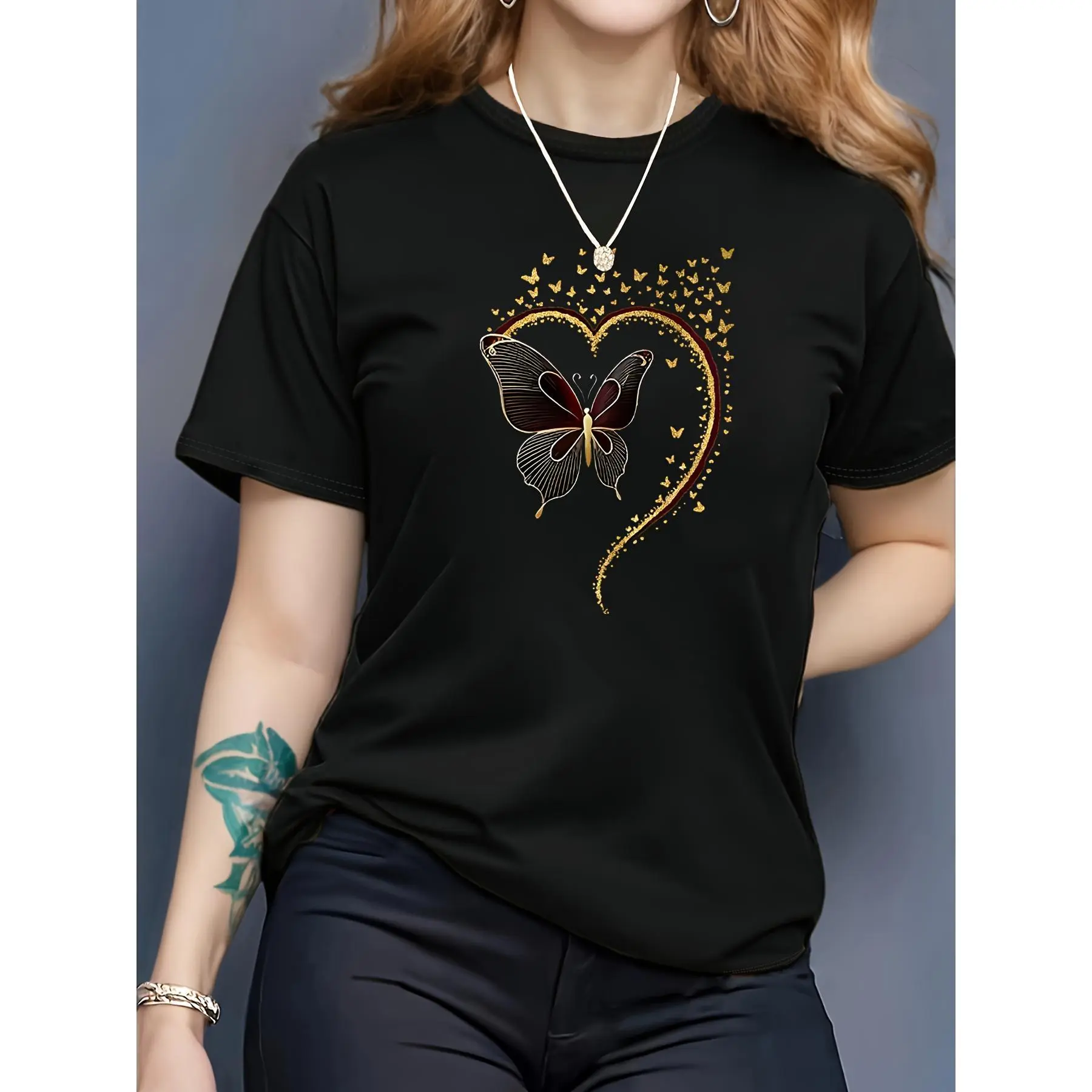 T-Shirt Leher Krew Kasual Saiz Besar Wanita dengan Cetakan Rama-rama, Pakaian Atas Fesyen untuk Semua Musim