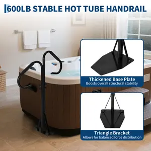 GARVEE Heavy Duty Hot Tub Handrail Adjustable 38 to 58 Inch, Slide Under Deck Mount Grab Bar with 360° Swivel, Double Handles, 600 lbs Weight Capacity, Towel Hook for Above Ground Pool Spa, Black Foam Grip, 57 Inch