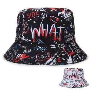 Streetwear Graffiti Bucket Hat, bold print design. Reversible sun hat, stylish casual headwear for men and women daily and outdoor use