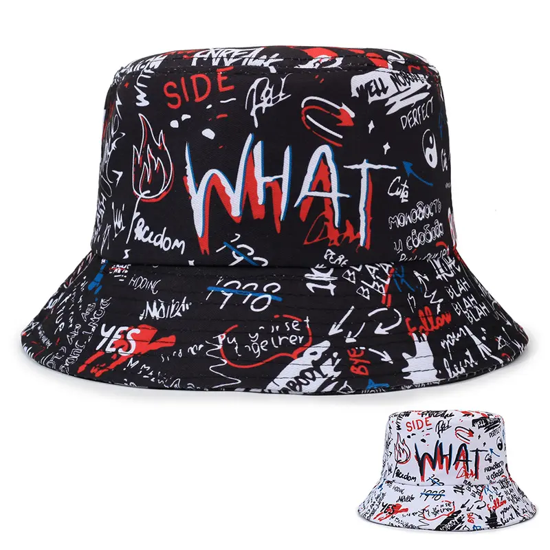 Streetwear Graffiti Bucket Hat, bold print design. Reversible sun hat, stylish casual headwear for men and women daily and outdoor use