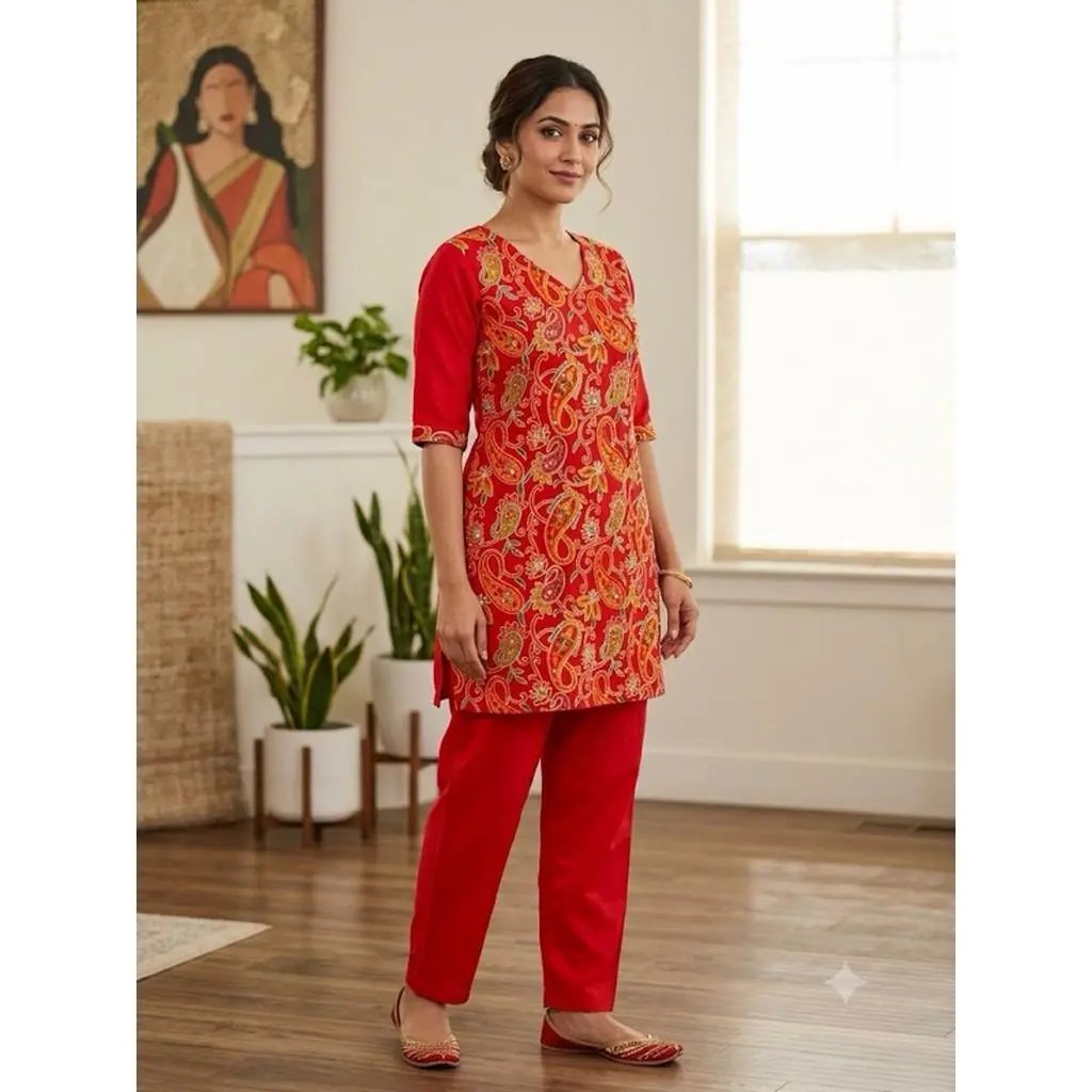 Crimson Paisley Embroidered Kurta and Pant Set 2-Piece Festive Indian Suit for Women Sizes M L XL XXL