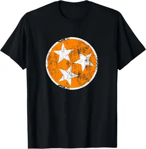100% Cotton Top 3 Star TN Orange and White Distressed Tennessee State Flag T-Shirt