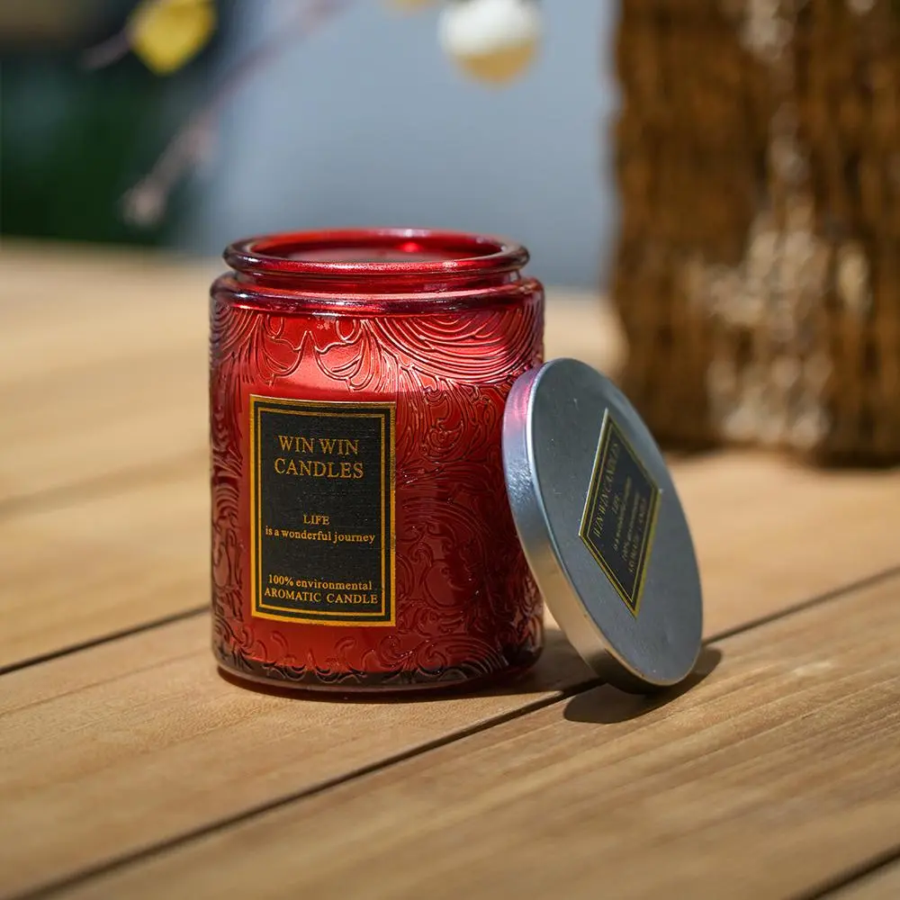 Vintage Red Embossed Glass Scented Candles, 2 Fragrances (Velvet Rose / Lavender), Natural Soy Wax Candle with Metal Lid, Long-Lasting Home Decor & Aromatherapy Gift for Bedroom & Gifting