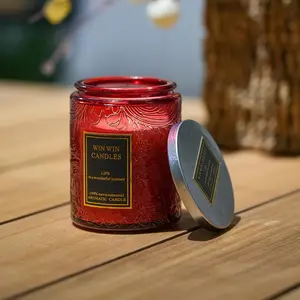 Vintage Red Embossed Glass Scented Candles, 2 Fragrances (Velvet Rose / Lavender), Natural Soy Wax Candle with Metal Lid, Long-Lasting Home Decor & Aromatherapy Gift for Bedroom & Gifting