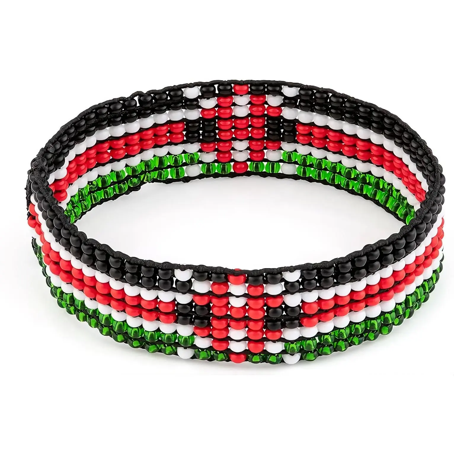 Hand Made Kenyan Flag Beaded Bracelet - Red, Green, Black, White, and Yellow Beads, Handmade, Adjustable, Perfect for Gifts and Accessories