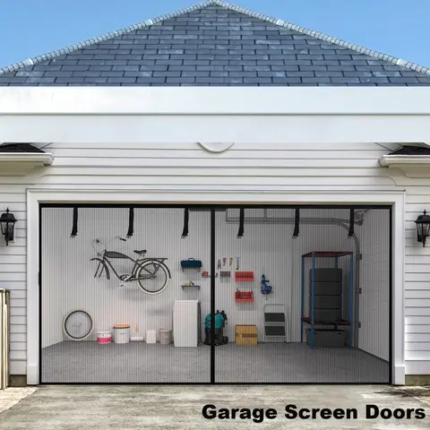 Heavy Duty Magnetic Garage Screen Door for 2‑Car Garage, Hands‑Free Mesh Curtain with 6 Roll‑Up Straps, Durable Screen for Patio, Porch, Outdoor Gym & Sunroom, Black