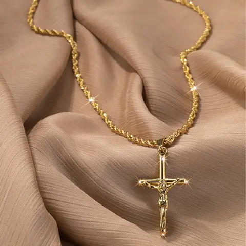 14-Gold Plated Stainless Steel Rope Chain Cross Pendant Necklace with Clasp - 3mm 22" Rope Chain for Men Women, Thin Men's Spiritual Christian Cross Necklaces, Mens Gifts, Men's Accessories