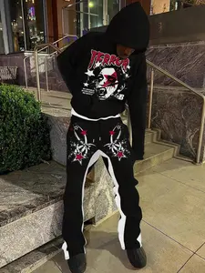 Comfortable Casual Hooded Sweatshirts Set with Vampire Brand Pattern, Long Sleeve Fitted Sweaters and Bell Bottom Flared Pants, Fall & Winter