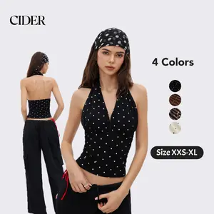 Cider Cotton-blend Halter Cowl Neck Polka Dot Ruched Top