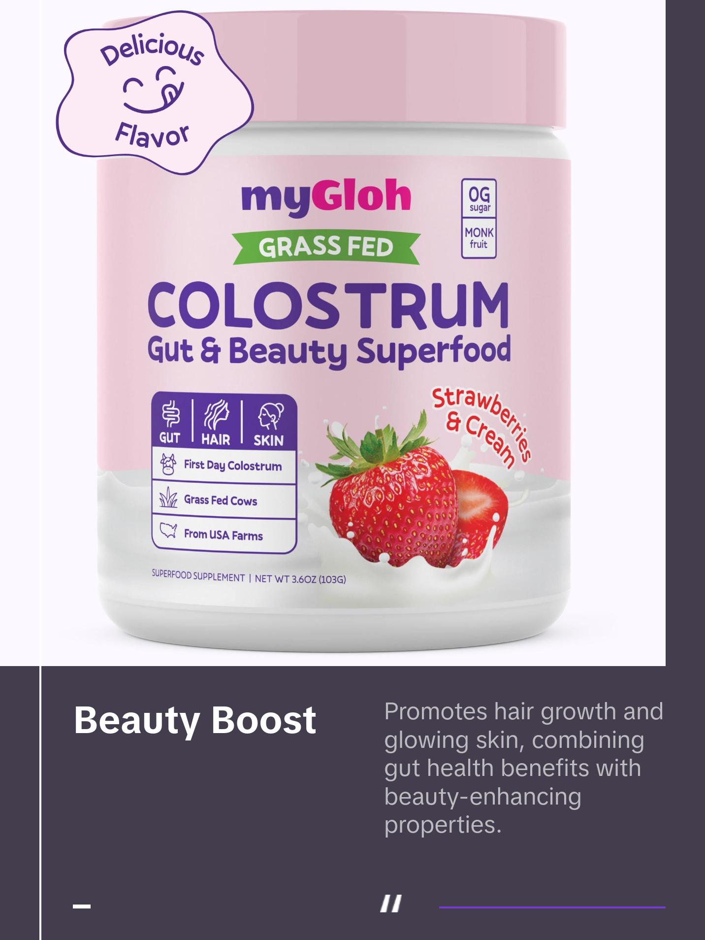 myGloh Colostrum Premium Powder | Gut Health & Bloating, Hair Growth & Skin Glow Beauty Supplement, Immune Support | Natural Flavor Strawberries & Cream | Grass-Fed Bovine Colostrum Superfood | High IgG, Gluten Free, Bioactives | Healthcare