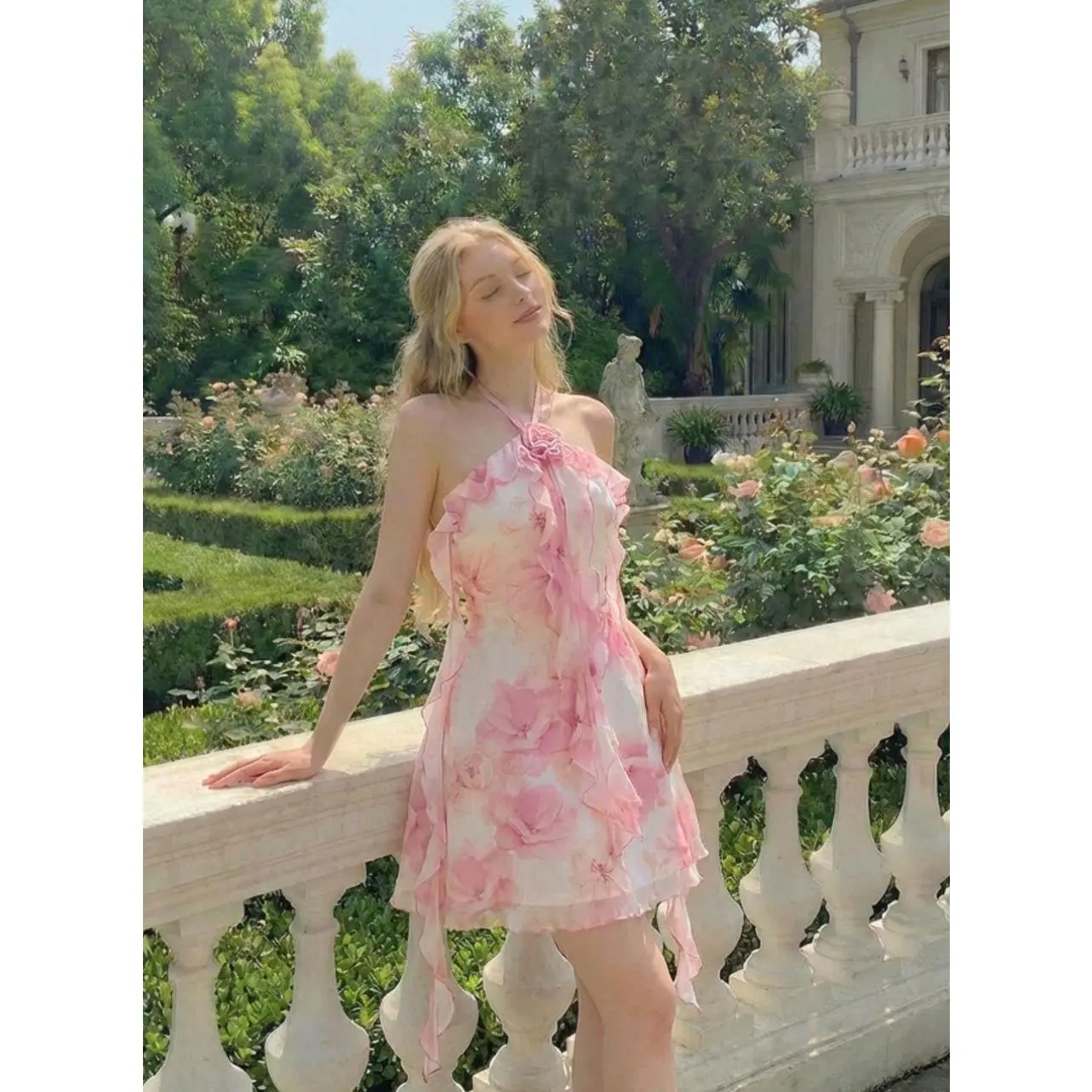 Women's Floral Print Halter Mini Dress, White Pink Ruffle Trim Sleeveless Dress, Fairycore Cottagecore Summer Dress for Tea Party, Vacation, Holiday, Beach Outfit