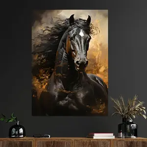 Black Stallion Galloping Canvas Print - Frameless Wall Art Poster - Modern Equestrian Theme Decor - For Horse Lovers - Perfect for Bedroom & Living Room - Ideal Gift for Art Enthusiasts Decoration Ornaments Artistic Photo