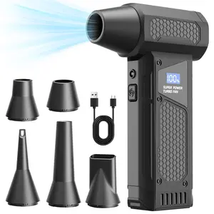 One piece of portable handheld High-Speed Turbine Fan air duster, 110000rpm Brushless Motor, strong wind pressure,LED digital screen display 4 levels and current power, Rechargeable Lithium Battery, LED Lighting, 5 Nozzles and multi languages user manual