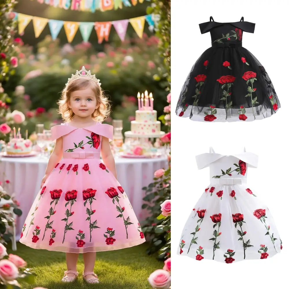 2-10t kindergarten graduation pink dress Toddler Girls Princess Dress Off The Shoulder Evening Rose Print Dress Gauze Dress One Piece Party Feast Dres
