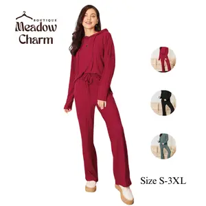 Basic Bae Full Size Ribbed Drawstring Hooded Top and Straight Pants Set, 3 colors