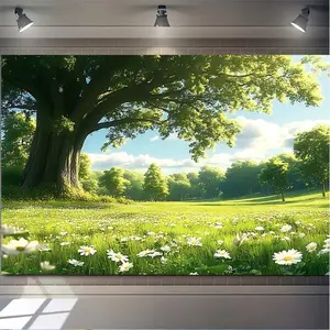 2D Flat Banner Polyester Photography Backdrop, HD Digitally Printed botanical Field with Large Tree and White Flowers Natural Landscape, Soft Lightweight Foldable Machine Washable Background Cloth for Studio Shooting, Portrait Pho