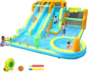 JOYMOR 11-in-1 Inflatable Water Slide for Kids Backyard w/ 2 Waterslide, 2 Basketball Hoop, Pool, Climbing Wall, Water Blasters, 1min Blow Up Water Slides Park w/ 750w Blower, Storage Bag